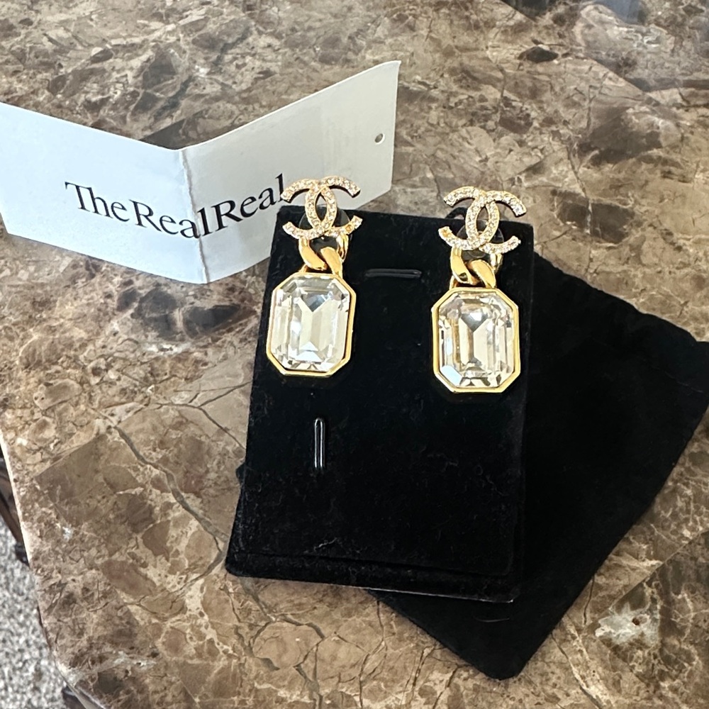 CHANEL Gold and Silver Crystal Drop Earrings